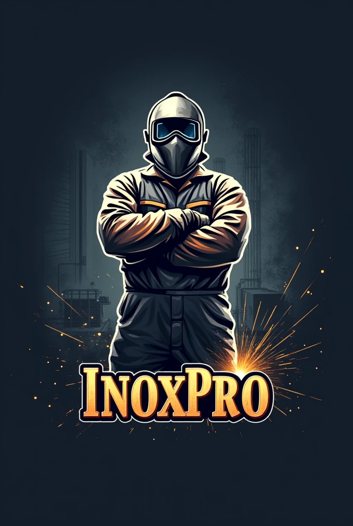 Create a logo that has the name inoxpro and features a welder with crossed arms.