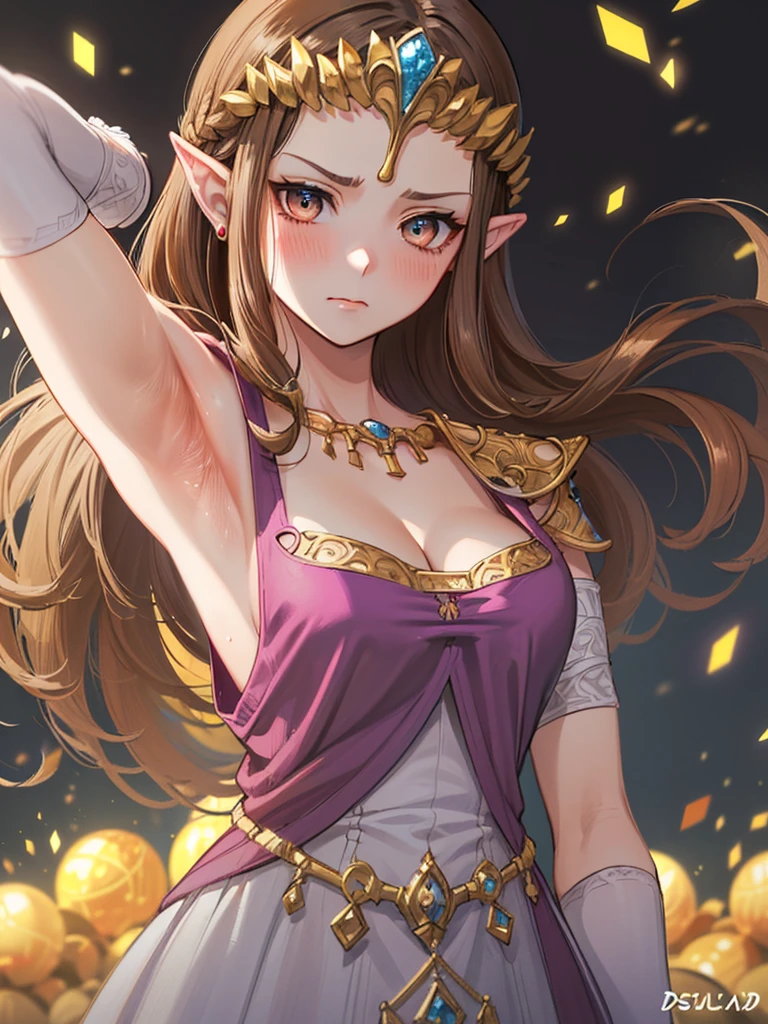(((extreme close up of face))),(((((((Show your armpits))))))),(Oblique angle),(((Split the bangs to the left and right)))))),((Upper Body)),((alone)),((Glossy Lips))),Anime art style,masterpiece,(Highest quality), (Super detailed),(Very delicate and beautiful),(alone),(detailedな顔と目),Beautiful eyes like jewels,(A truly gorgeous jeweled ruffled rococo ball gown dress),(((Mature Woman,Queen))),((1 Queen in a beautiful embroidery and jeweled absolutely gorgeous rococo ballgown dress with voluminous full length hoop skirt)),((crinoline)),,((Straight hair galore,Very long straight hair with plenty of volume,Super long straight hair)),,Cleavage,(bed),length_Black gloves,Very gorgeous hair accessories,Sparkling、((((front)))),((((Narrow eyes)))),((((Beautiful Face)))),((((dress)))),((blush)),(((Long Hair)))),((((Straight hair)))),((Cleavage)),((((Dark brown hair)))),Princess Zelda,((chest is slightly exposed)), ((Highest quality)),,(Very detailed) ,((((((Black blouse)))))),((())),Brown Hair,((Embarrassed look)),, ((Highest quality)), (Very detailed),((detailed)),(((dissatisfaction))),Nintendo, The Legend of Zelda),,((alone)), ((Highest quality)), (Very detailed), ,