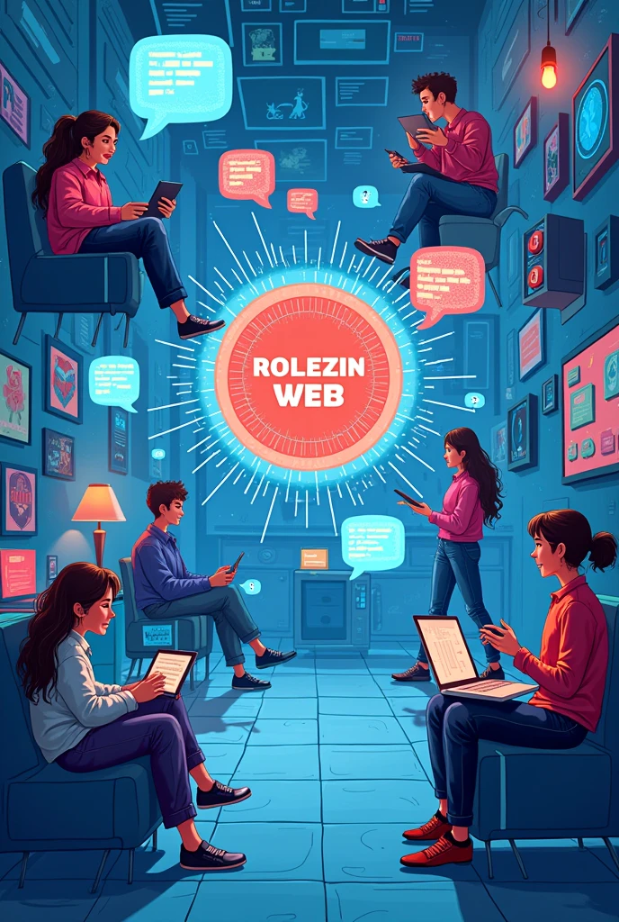 Background on Internet Concept, Use light blue colors with red and black details, message elements between friends, conversas e gaming, many friends talking from afar using conversation bubbles In the same sense, use more graphic elements that refer to the internet Several people in different rooms with different themes (( music, gaming, movies)) middle symbol
Name Rolezin Web 