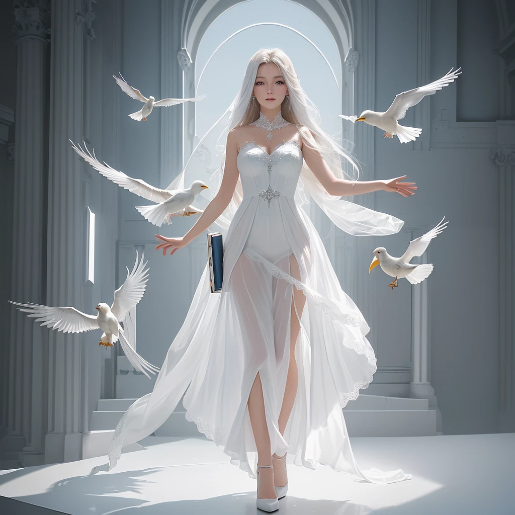 A woman in a white dress stands on books，An image of a bird flying around her, endless, the concept of endless, light of endless, with endless, The album cover, deviantart art station cgscosiety, eternity, endless symbol, inside the picture is endless, endless, cgsociety - w 1 0 2 4 - n 8 - i
