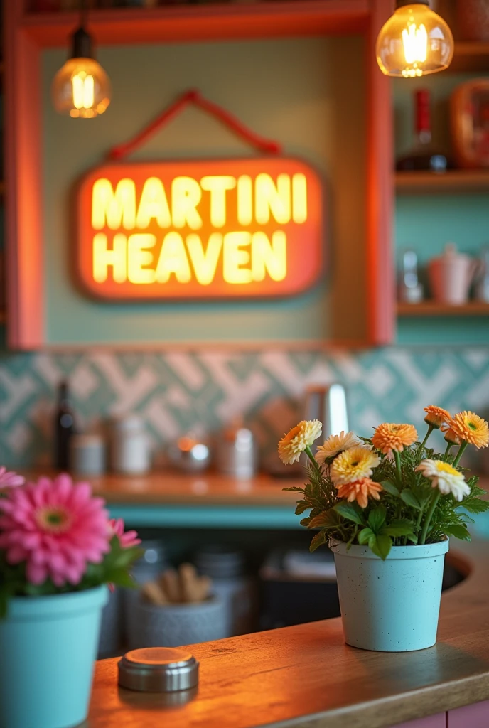 Bar counter seen from behind, with a sign that says MARTINI HEAVEN, with flower pots and vintage lights, everything in pastel shades of yellow, pink and blue