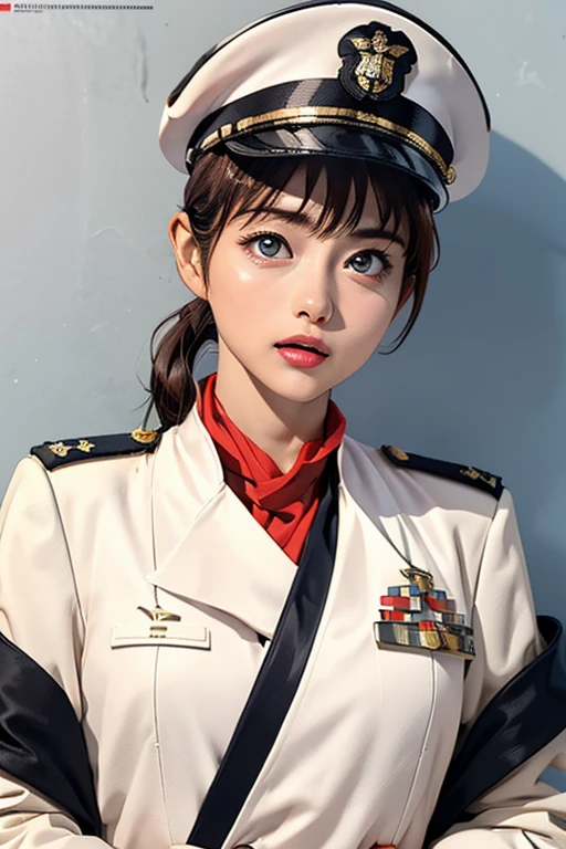 Highest quality　High resolution　Simple　White military uniform with a stand-up collar　army officers　military cap　class seal　white open coat　Baggy　Long bangs　Adult female　Casual expression　cute　Strong posture　Dynamic Lighting　（（head to waste:1.8））