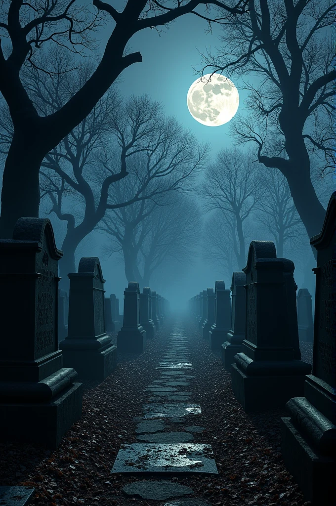 A cemetery with dry trees in the background, the full moon illuminating the cemetery