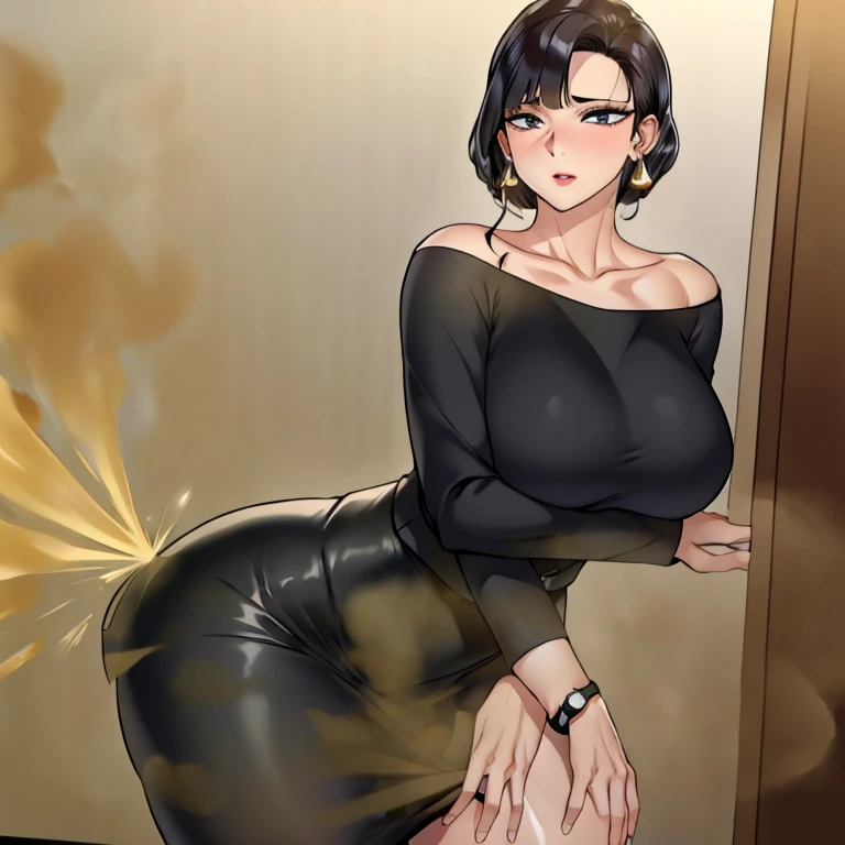 masterpiece, best quality, highres,st1, short hair, hoop earrings, black skirt, wristwatch, off-shoulder sweater, pencil skirt, collarbone, large breasts, cowboy shot, bending over, farting, massive fart