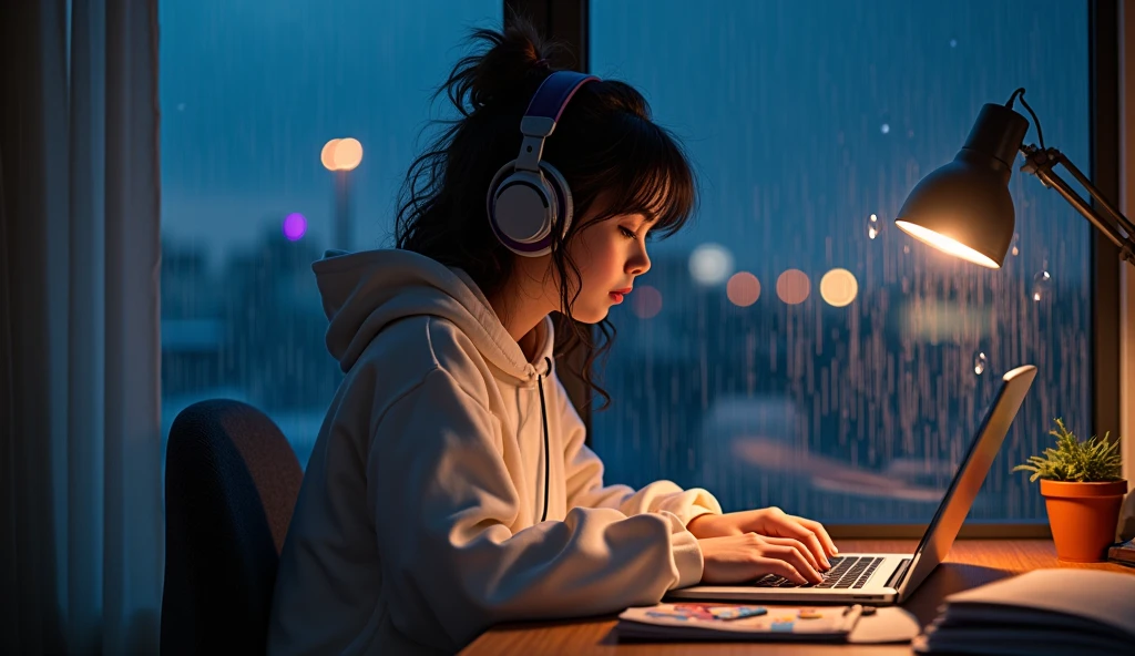 a cozy nighttime scene inside an apartment bedroom. A young e-girl is sitting at a desk, focused on her studies with an open notebook and a laptop. She is dressed in comfortable, stylish clothing and has headphones on. The room is softly lit by a warm desk lamp, while rain gently taps against a large window beside her, with city lights glowing faintly in the background. The atmosphere is peaceful and slightly moody, with the sound of rain adding to the sense of calm and concentration as she immerses herself in her work.