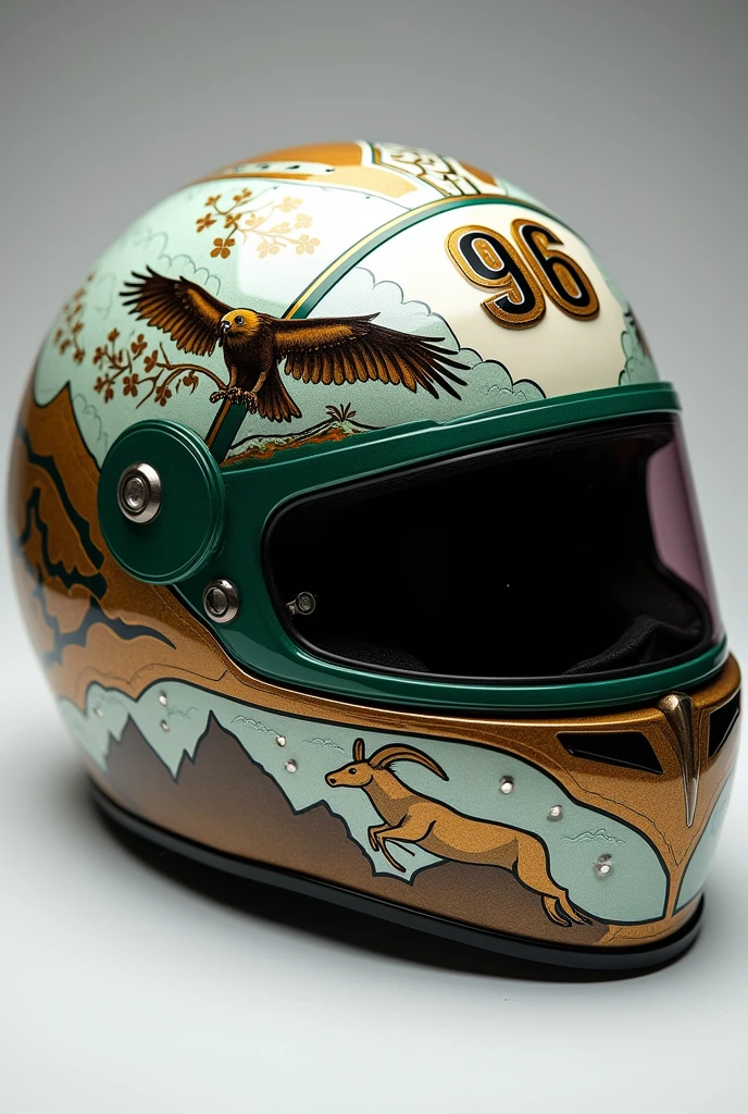 Make me a Formula One helmet inspired by the Andes mountain range, with an araucaria, an Andean condor, a huemul, Mapuche symbols and the number 96