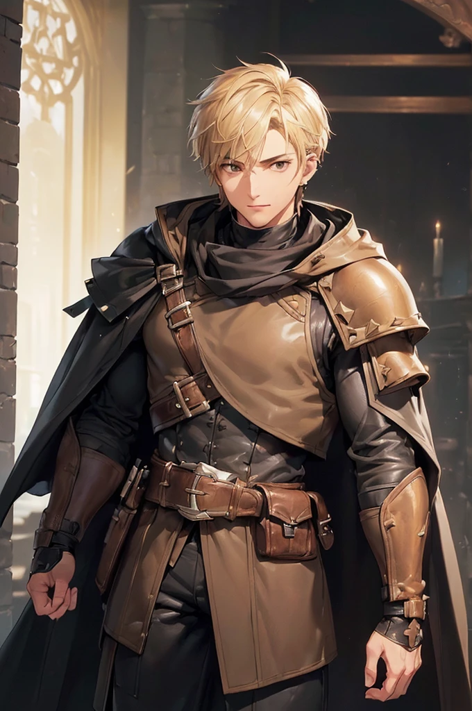 (((masterpiece; best quality: 1.2))), (detailed eyes: 1.3), ((ung man)), ((solo)), (brown eyes: 1.4), (body shape; lean, masculine, manly face: 1.3), (short blond hair: 1.3), (clear background: 1.2), ((depth of field)), (equipment: masculine adventurer garb + practical hard-leather hunter protection + black hooded hunter overcoat + black stud earring: 1.3), (anime illustration: 1.2), (background composition; fantasy tavern interior + furniture: 1.1), (handsome: 1.1), (shot composition; standing + centered on face + bust close-up: 1.5), (facial expression; calm + smile: 1.2)