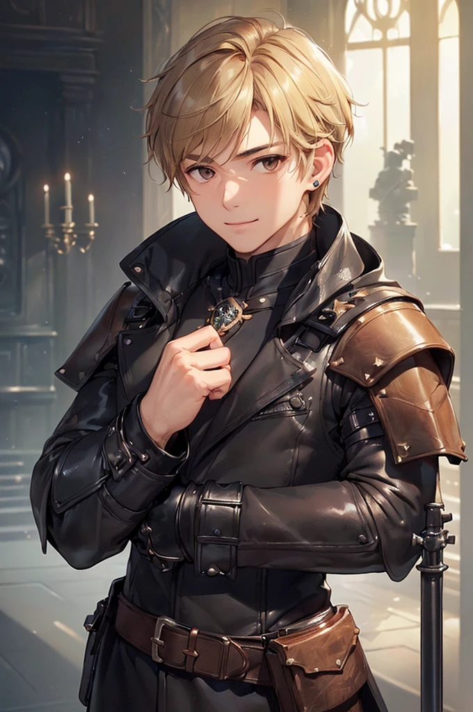 (((masterpiece; best quality: 1.2))), (detailed eyes: 1.3), ((ung man)), ((solo)), (brown eyes: 1.4), (body shape; lean, masculine, manly face: 1.3), (short blond hair: 1.3), (clear background: 1.2), ((depth of field)), (equipment: masculine adventurer garb + practical hard-leather hunter protection + black hooded hunter overcoat + black stud earring: 1.3), (anime illustration: 1.2), (background composition; fantasy tavern interior + furniture: 1.1), (handsome: 1.1), (shot composition; standing + centered on face + bust close-up: 1.5), (facial expression; calm + smile: 1.2)