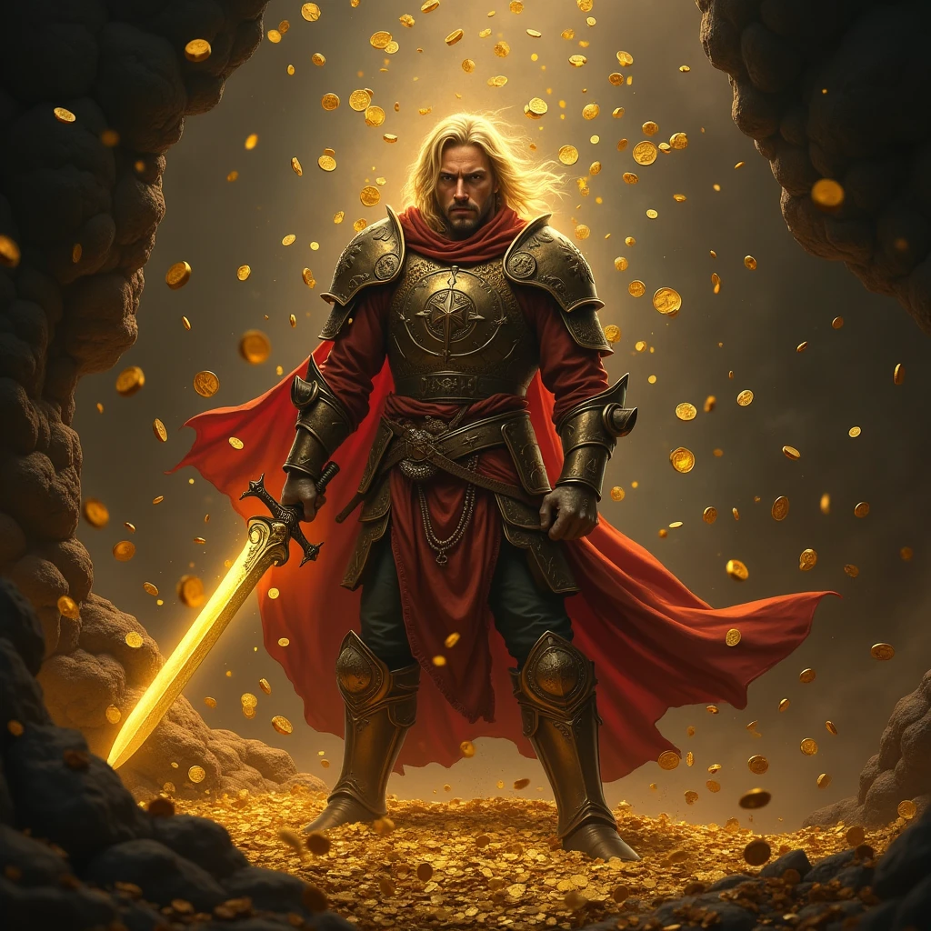 Holding a weapon with one hand,The background has a large amount of gold coins flying around.