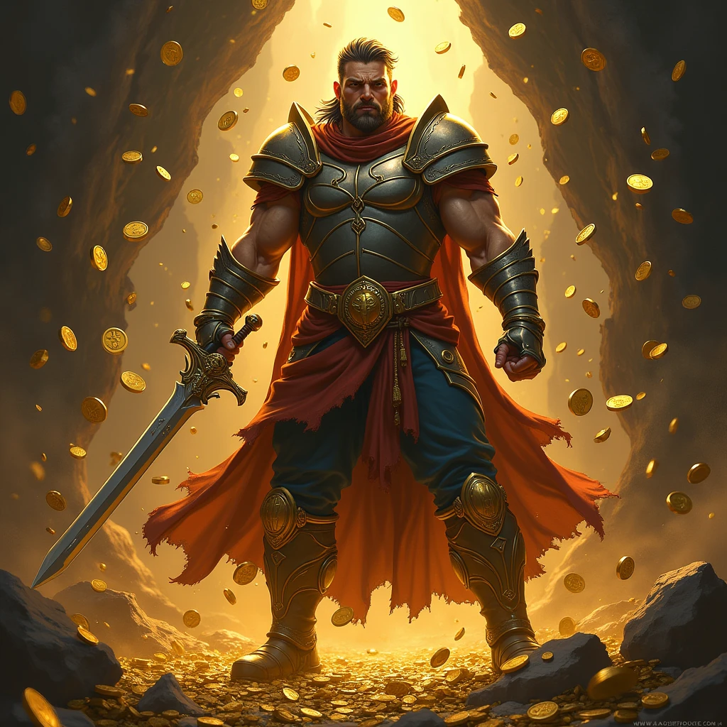 Holding a weapon with one hand,The background has a large amount of gold coins flying around.