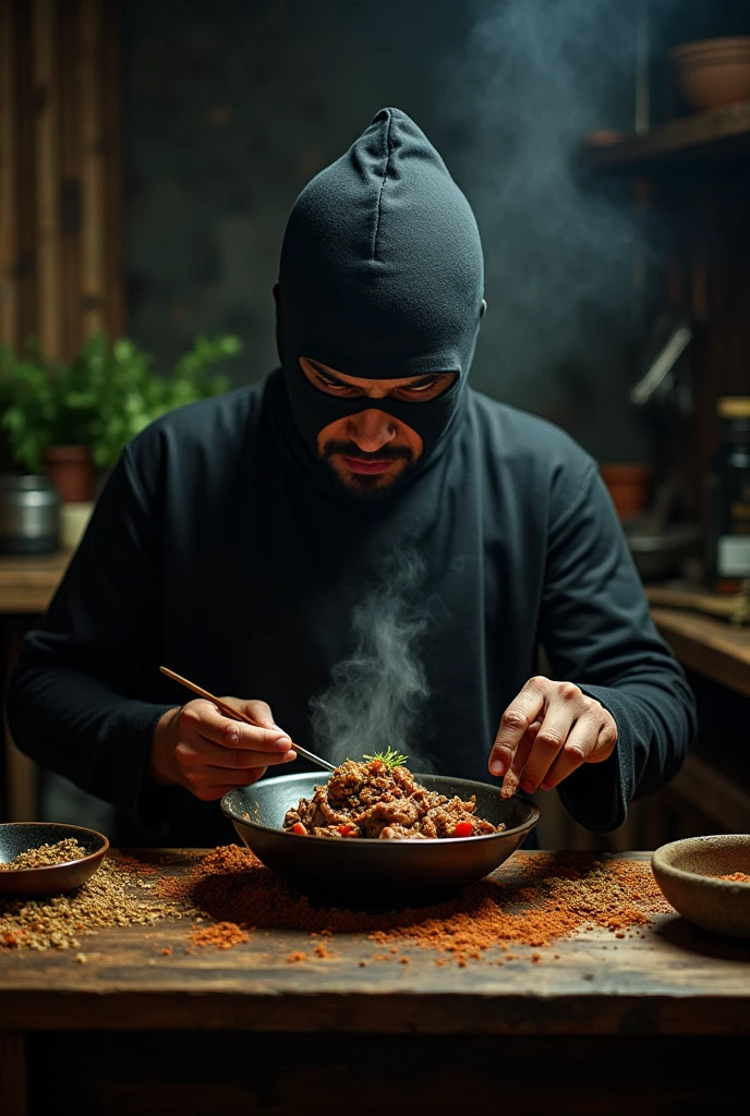A man wearing a balaclava is eating rendang.