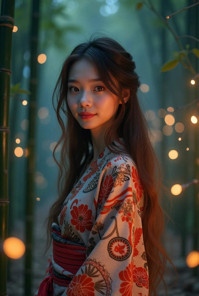 detailed detailed beautiful young woman wearing summer kimono, long brown hair, detailed face, big bright eyes, long eyelashes, detailed nose and lips, slight smile, standing in moonlit bamboo forest, fireflies glowing in the air, summer festival lights in the background, clogs on her feet, (best quality,4k,8k,highres,masterpiece:1.2),ultra-detailed,(realistic,photorealistic,photo-realistic:1.37),detailed intricate pattern on kimono, warm lighting, vibrant colors, cinematic composition