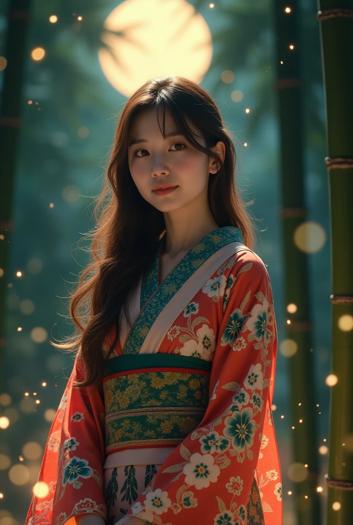 detailed detailed beautiful young woman wearing summer kimono, long brown hair, detailed face, big bright eyes, long eyelashes, detailed nose and lips, slight smile, standing in moonlit bamboo forest, fireflies glowing in the air, summer festival lights in the background, clogs on her feet, (best quality,4k,8k,highres,masterpiece:1.2),ultra-detailed,(realistic,photorealistic,photo-realistic:1.37),detailed intricate pattern on kimono, warm lighting, vibrant colors, cinematic composition