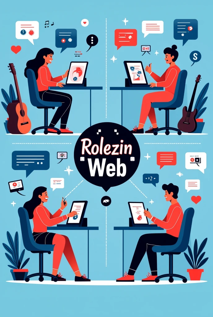 Background on Internet Concept, Use light blue colors with red and black details, message elements between friends, conversas e gaming, many friends talking from afar using conversation bubbles In the same sense, use more graphic elements that refer to the internet Several people in different rooms with different themes (( music, gaming, movies)) middle symbol
Name Rolezin Web