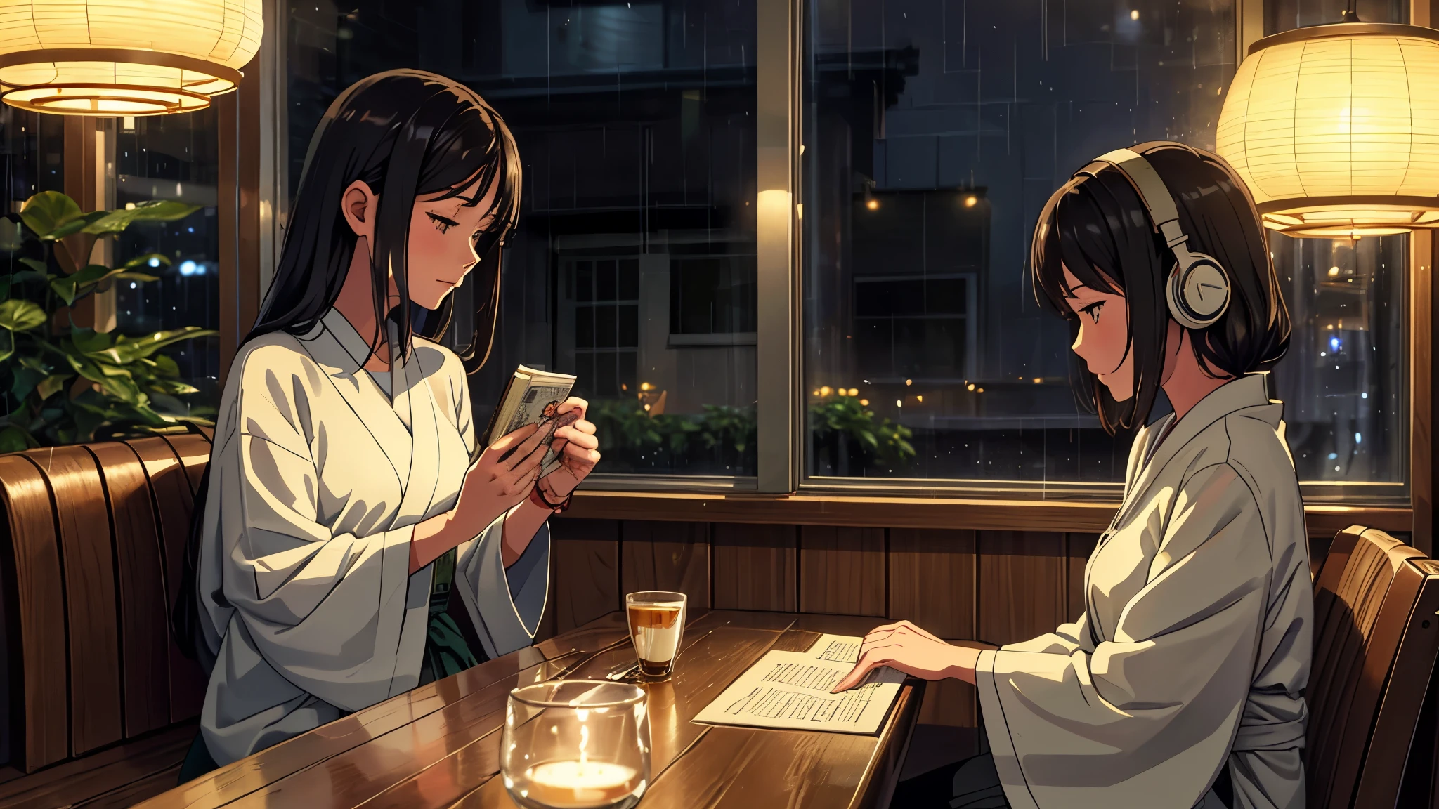 Describe a cozy little cafe seen from the outside at night, with soft lights and a peaceful atmosphere. In the background, a young japanese woman is sitting by the window, listening to lofi music with you full of light over ear headphones, while drinking a coffee and reading a book. Gentle rain falls outside, the drops hitting the windows creating a feeling of peace and relaxation. A cozy café glows softly at night, exuding a peaceful atmosphere. A young Japanese woman sits by the window, immersed in lofi music through her bright headphones, sipping coffee while reading a book. Gentle rain taps against the glass, enhancing the calming ambiance.
The scene is set outside a cozy little café, softly illuminated against the backdrop of a peaceful night. The warm glow of the café lights beckons to passersby, creating an inviting atmosphere that promises comfort and relaxation. Inside, a young Japanese woman occupies a spot by the window, seemingly lost in her own world. She is absorbed in the smooth, soothing sounds of lofi music that emanate beautifully from her bright over-ear headphones, enveloping her in a cocoon of tranquility. As she takes gentle sips from her steaming cup of coffee, she glances occasionally at the pages of the book resting in her lap. The rain falls delicately outside, with soft droplets tapping rhythmically against the glass, each sound adding to the serene ambiance. The café, with its soft glow, radiates warmth in the cool night air, inviting anyone nearby to pause and revel in a moment of peace. The young woman continues to immerse herself in her music and reading, completely at ease as the gentle rain enhances the calming environment around her, making the café a perfect sanctuary from the world outside.