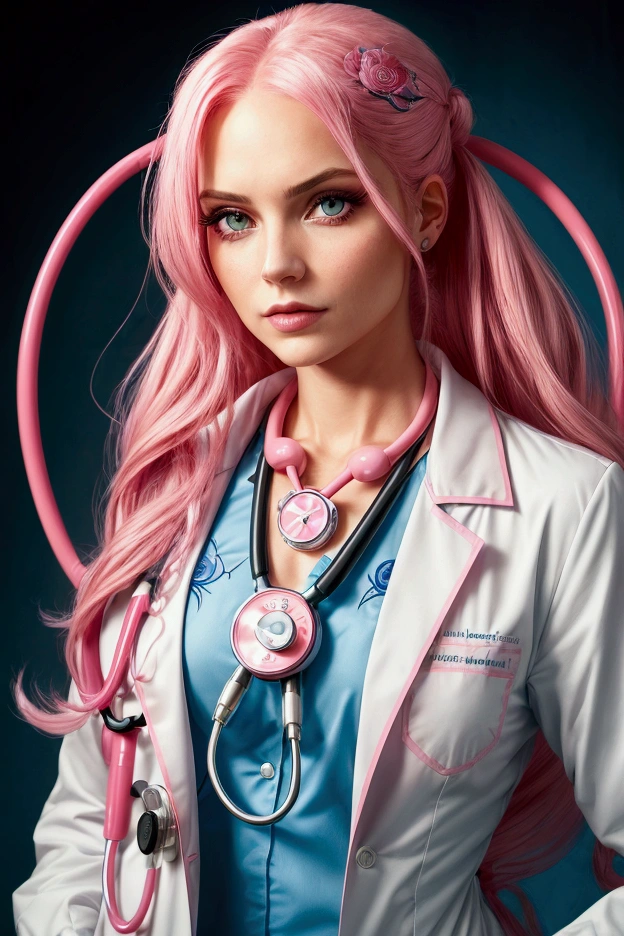 Woman with long rose pink hair, strands framing her face, bright, large, striking eyes with a stethoscope around her neck as a veterinarian. stylish long blue lab coat with embroidery and extra pink accents with embroidery and full of stylish details, whole body