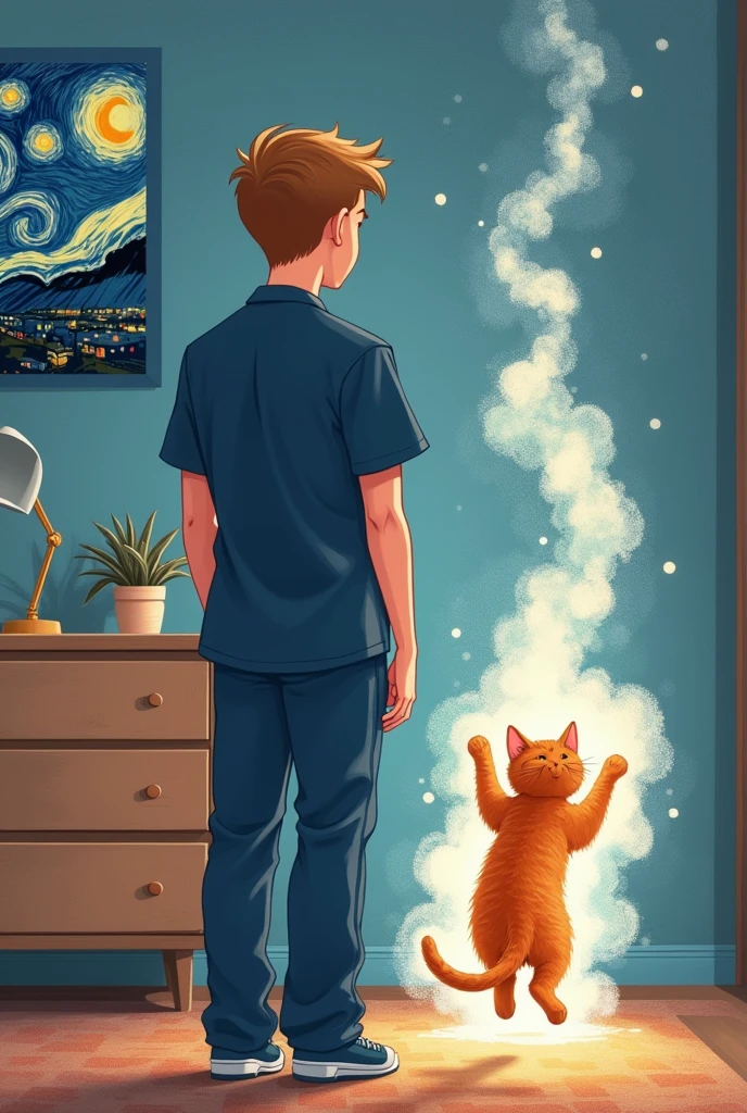 I need you to create a very special painting or illustration, For my best friend, his cat passed away so I want him to come in his room, he studies nursing with a navy blue clinical suit, he has a painting of the starry night stuck on, he is slim, tall and brown hair almost blonde, his kitten always welcomed him, his cat is orange with white, I need it to be cute for a keepsake, and more animated or in a drawing format that looks like it's done on paper, and he's facing away.