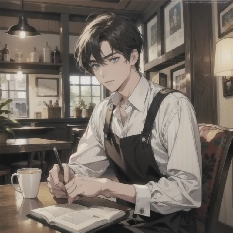 (1man), solo, beautiful detailed eyes, {{{masterpiece}}}, {{{best quality}}}, {{ultra-detailed}}, {illustration}, cinematic angle, {beautiful detailed eyes}, {detailed light},cinematic lighting, handsome man, very short hair. A man smiling and wearing casual clothes, sitting at a wooden table in a cozy corner of a coffee shop, reading a book, a cup of black coffee beside him, as the world outside rushes by, in a vintage-inspired cafe with antique furniture and soft lighting, creating an atmosphere of nostalgia and quiet reflection, perfect hands, (magazine cover:1.4),