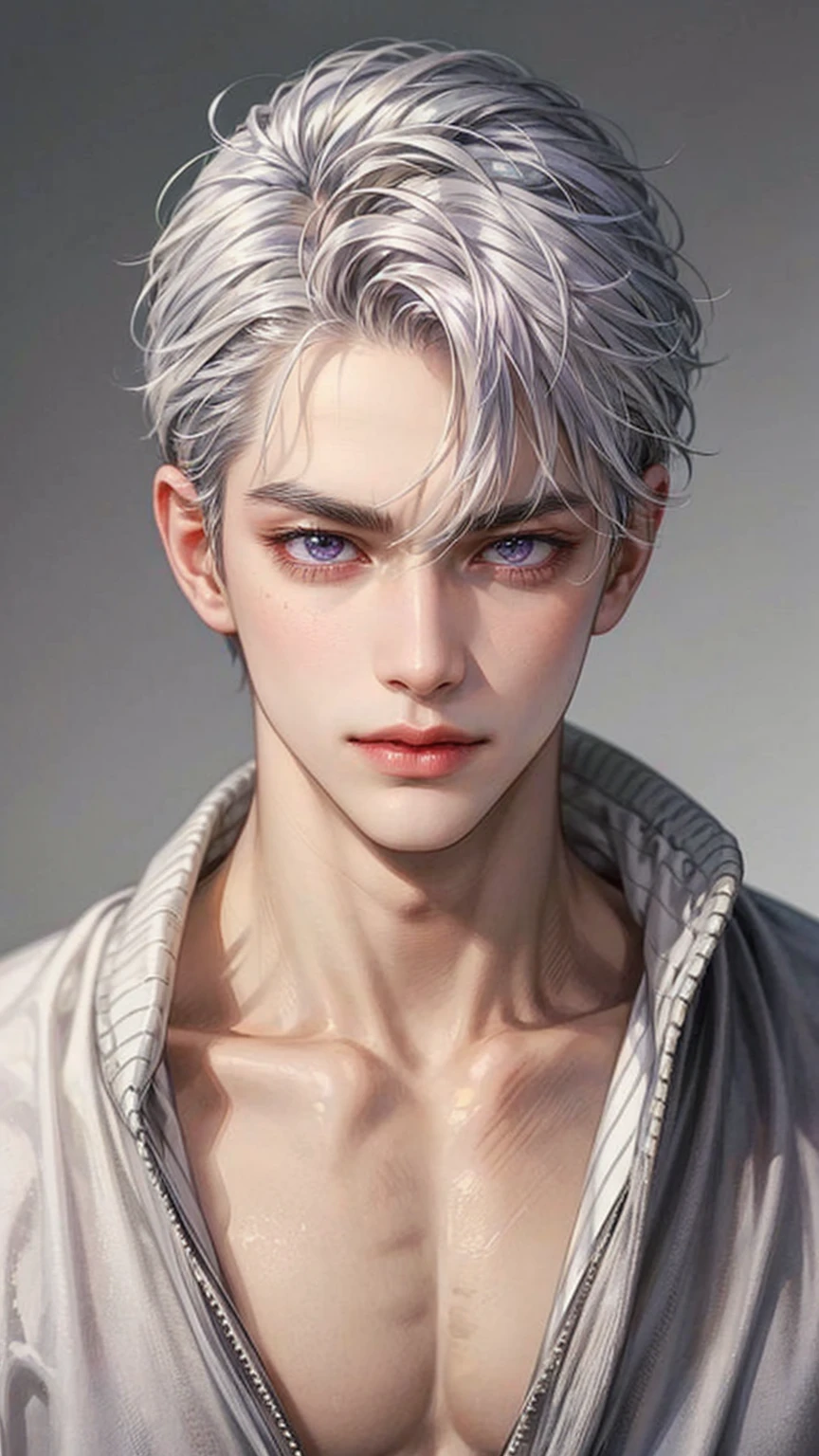 Boy, silver hair, purple eyes, serious sharp features, white skin, shiny lips, handsome, sweater
