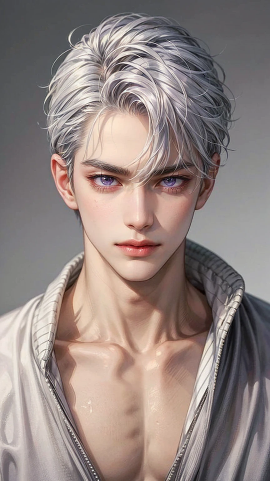 Boy, silver hair, purple eyes, serious sharp features, white skin, shiny lips, handsome, sweater