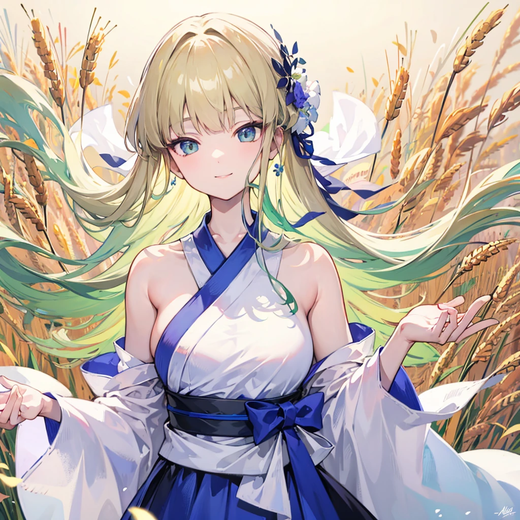 masterpiece, best quality, Ultra-high resolution, detailed illustration, portrait, detailed, 1 girl standing in a wheat field, Solitary, Long hair, skirt, flower, White Hanfu, Smile, whole body, white flower, Bare shoulders, very Long hair, Light green hair, Shut up, For the audience, Bangs,