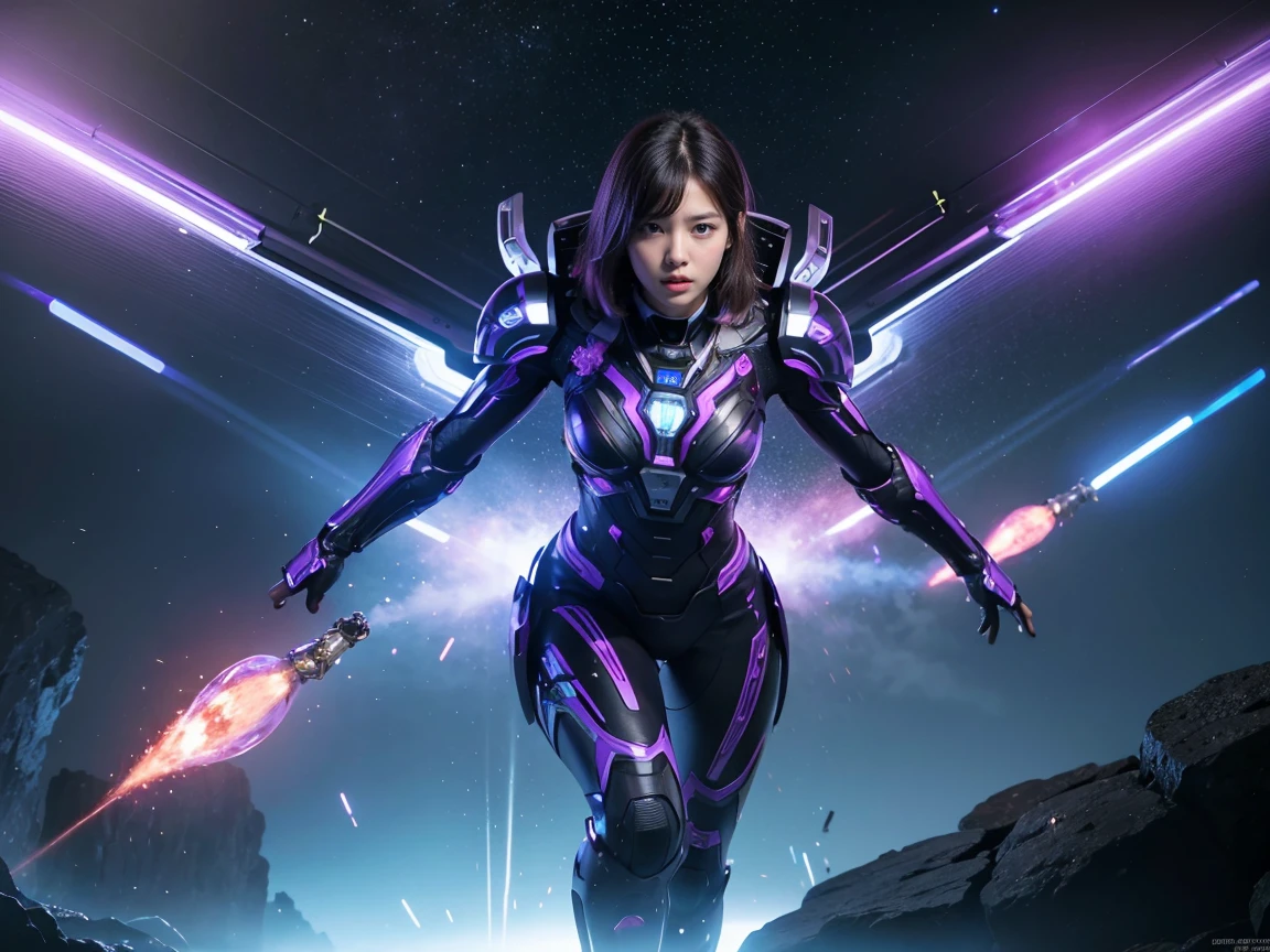 (RAW Photos, Highest quality), (Realistic, Photorealistic:1.3), 1 person、Realisticbody、Purple battle costume、Meteorite Warriors from Outer Space、The Battle of the Octopus Aliens、Octopus、Reflect Laser、Active Shield、Field Area Deployment、Energy Charge１２０percent、Energy Wave