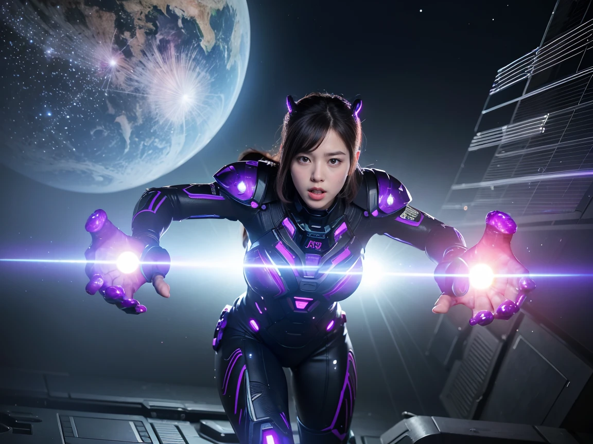 (RAW Photos, Highest quality), (Realistic, Photorealistic:1.3), 1 person、Realisticbody、Purple battle costume、Meteorite Warriors from Outer Space、The Battle of the Octopus Aliens、Octopus、Reflect Laser、Active Shield、Field Area Deployment、Energy Charge１２０percent、Energy Wave