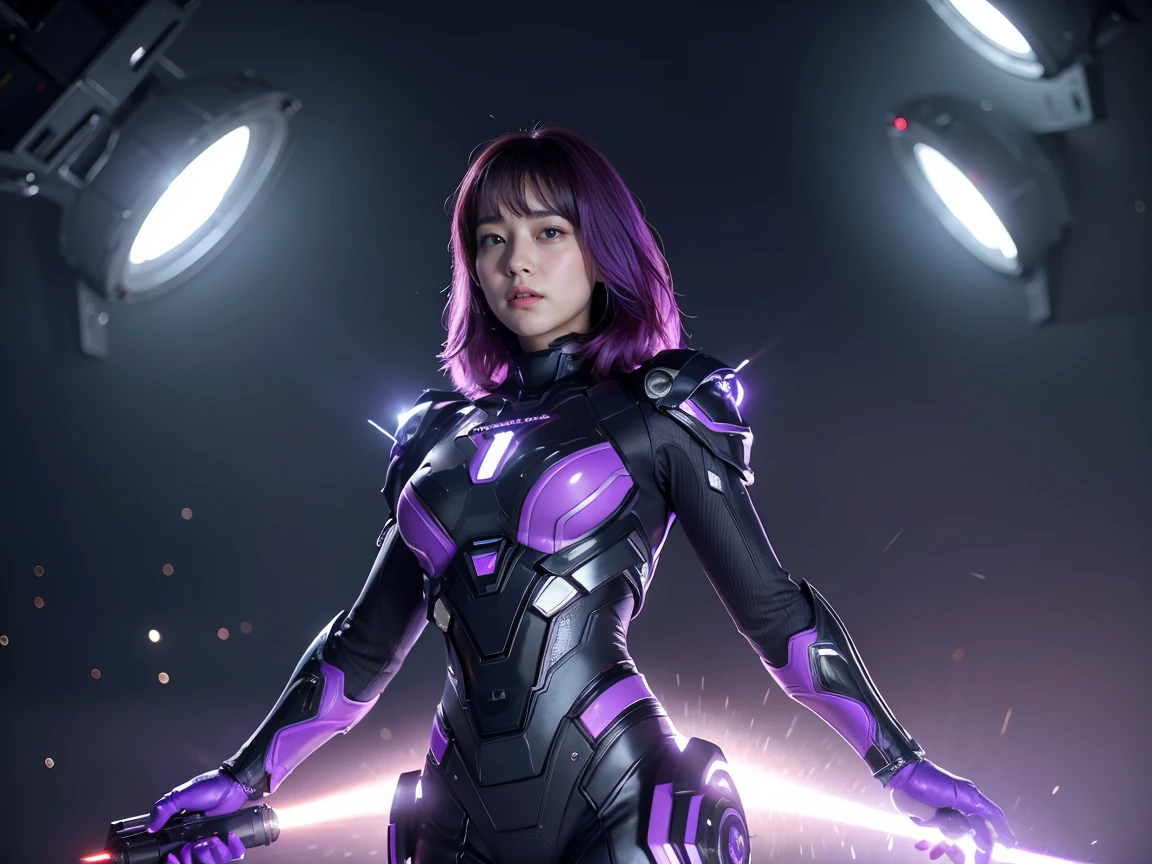 (RAW Photos, Highest quality), (Realistic, Photorealistic:1.3), 1 person、Realisticbody、Purple battle costume、Meteorite Warriors from Outer Space、The Battle of the Octopus Aliens、Octopus、Reflect Laser、Active Shield、Field Area Deployment、Energy Charge１２０percent、Energy Wave