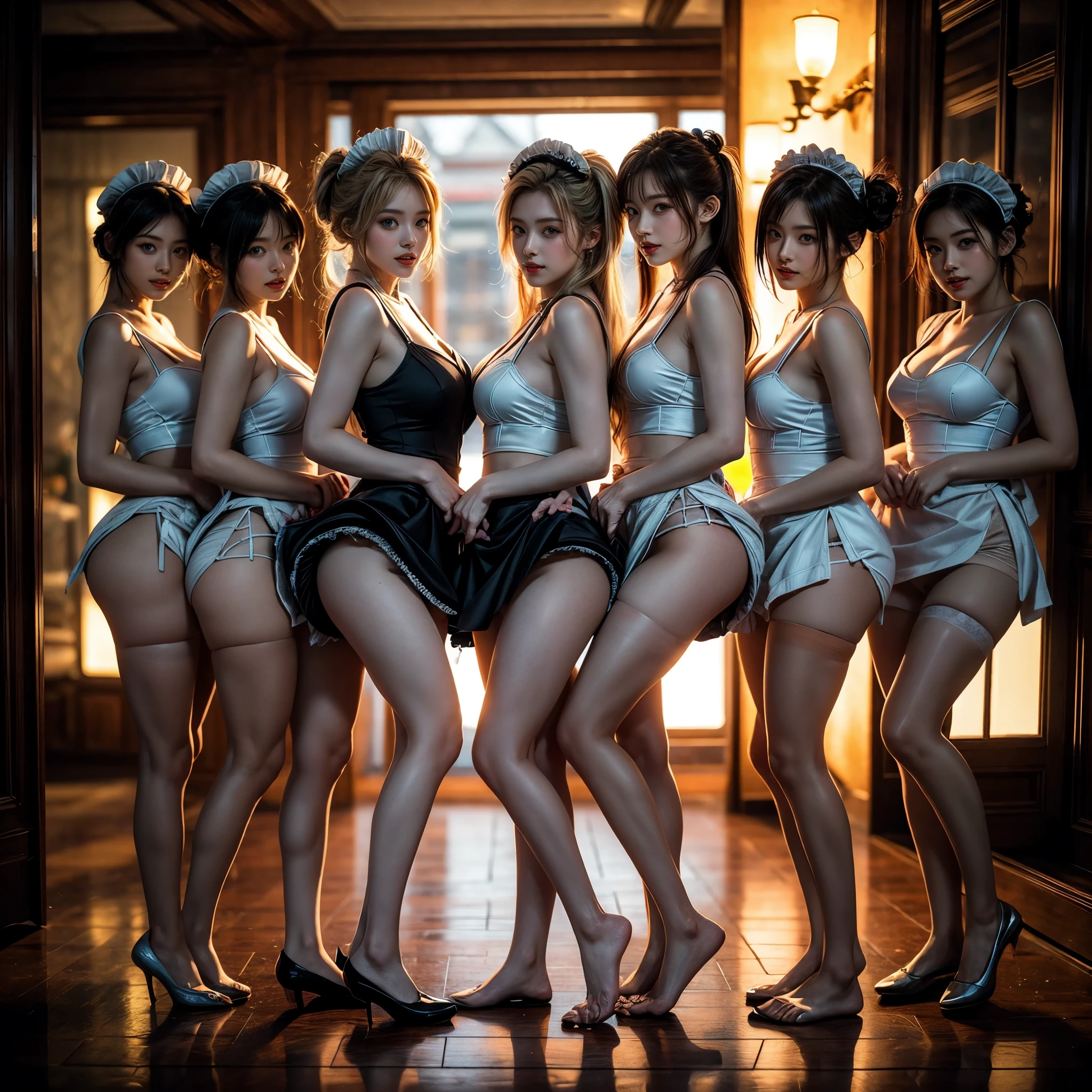 (Full Body of Extremely Detailed((Sexy Maid Group in a row:1.37))), KAWAII perfect face, Reflective Eyes, Detailed(Delicate Clothing textures), Correct Leg Line, Dynamic Joyful Expressions LifeLike Rendering, Specular Reflection, TopQuality 8K Ultra-detailed masterpiece (ProfessionalPhoto:1.37), (Acutance:0.8), (Luminism:1.28), (Renaissance art style), Colorful Light particles, ((Full body from side)), {MicroMini Skirt|Kissing|Breast Lifting|Undressing|Thigh Gap|AssFocus}, Radiant Fine Skin with Transparency, (Exposed:0.5), (Different types of Anime hair color){Pink Hair|Cyan Hair|White Hair}, Perfect Lighting 