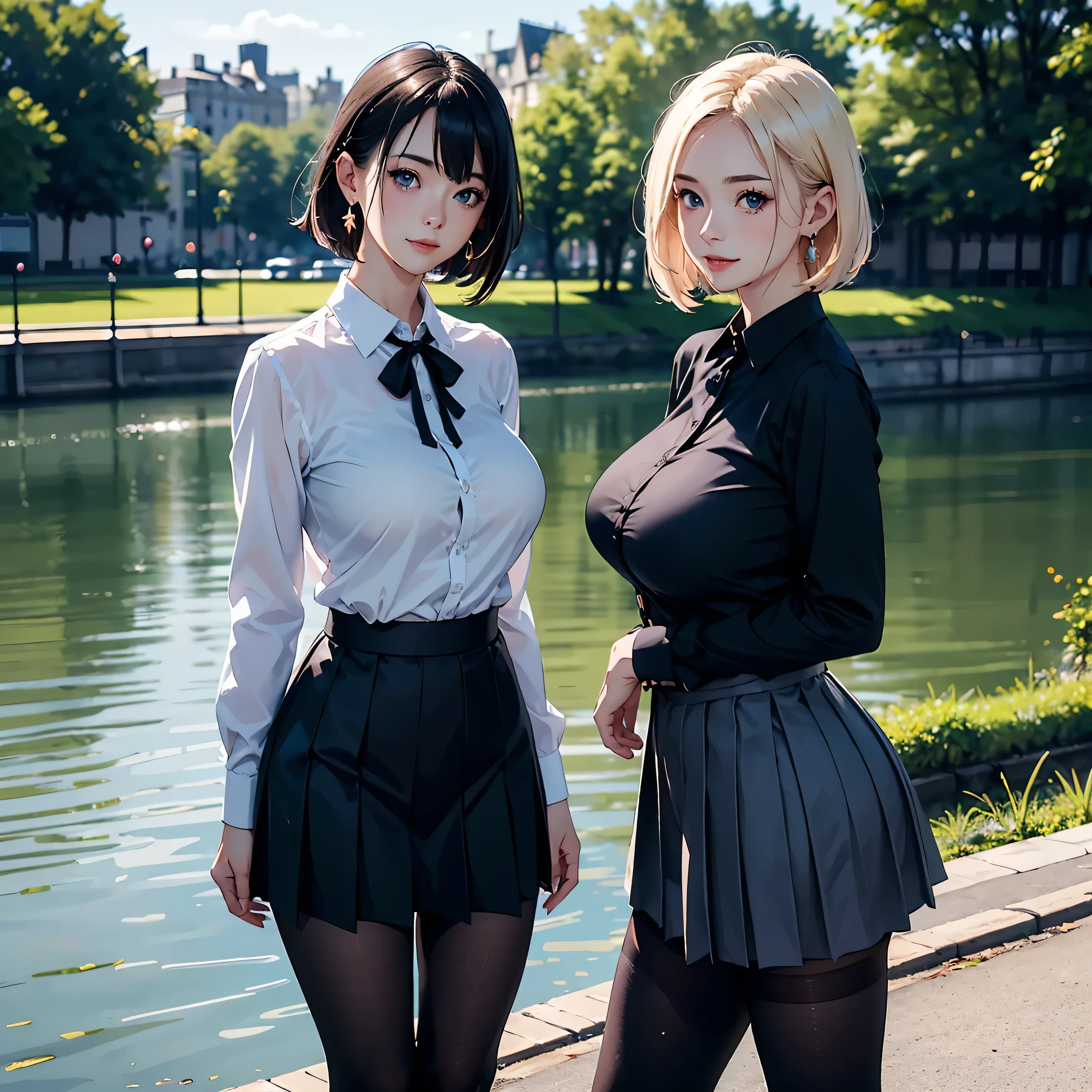 (masterpiece:1.2, Highest quality), (Realistic photos), Beautiful illustrations, (Natural side lighting, Cinema lighting),(2 people:1.2), Japanese, 20-year-old female, Perfect Face, Symmetrical cute face, Glowing Skin,Black short bob、Blonde Short Hair、Dark blue eyes, (Huge breasts:1.3), Slender build、Earrings、Beautiful Hair, Beautiful Face, Fine and beautiful eyes, Beautiful body, Beautiful breasts,(White collared shirt、Small black ribbon、Pleated skirt、Black tights),river、Embankment、blue sky、smile、Blushing、Standing side by side