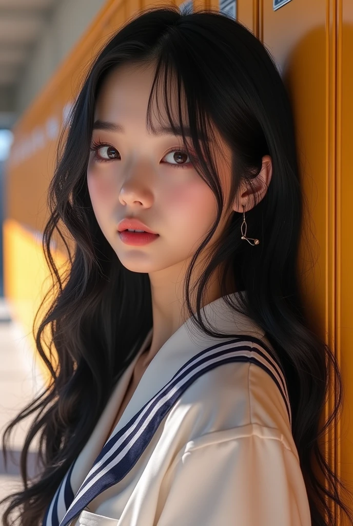 (masterpiece,Highest quality:1.4),(8k,RAW Photos,Photorealistic:1.2),Ultra-high resolution, ,(Glowing Skin:1.4),Detailed skin,Detailed face,Detailed eyes,(Beautiful and shining eyes:1.2),Symmetrical eyes,Detailed ears,One person,Natural Makeup,Fat high school girls,(((Japanese Idols))),(Japanese Face),Detailed Background,Beautiful and shiny hair,18-year-old,((Teenage breasts)),,(Detailed Popular High School Girls' Uniforms),,((Sharp Face)),Natural light,,(Very detailed ,Trend design for 2024,online shopping,LUMINE® Market,),Trendy hairstyles,black_hair,long_hair,Upper Body,Instagram Style,(Detailed girls' locker room at school,,Location was great.),