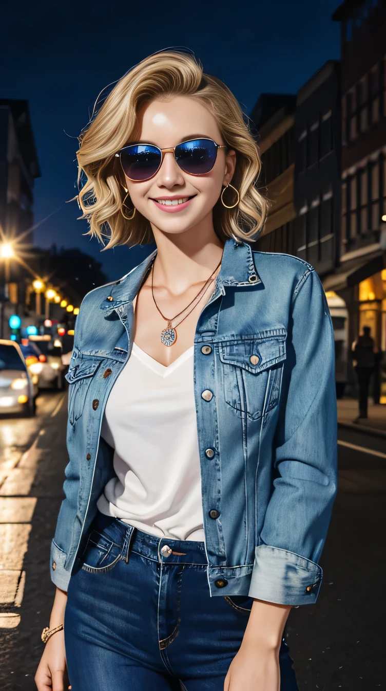 Super Resolution、Beautiful Caucasian Woman、、short hair、Blonde Hair、blue eyes、Wavy Hair、sunglasses、ear piercing、necklace、Denim jacket、shirt、smile、Beautiful teeth alignment、The background is a street in a city at night.