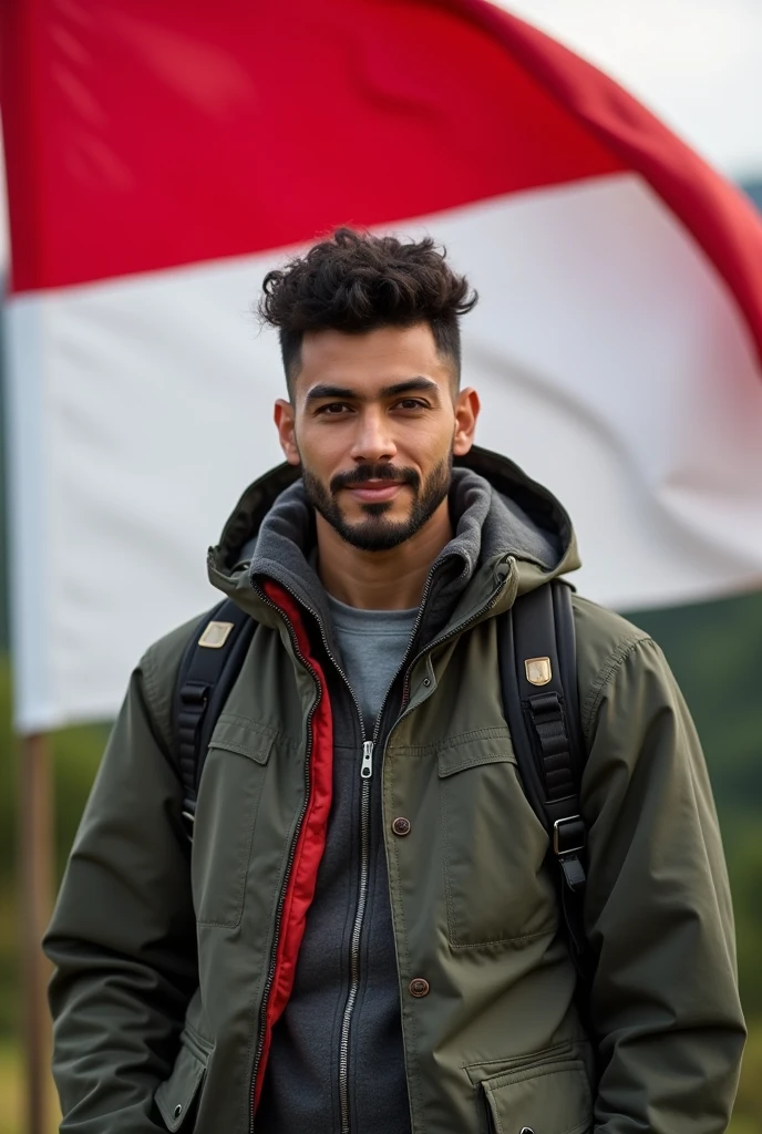 30 years old masculine jewish man, thin facial hair, full weight body, full black hair, short neck, straight front pose, half body portrait, outdoor outfit jacket, in front of Indonesia flag