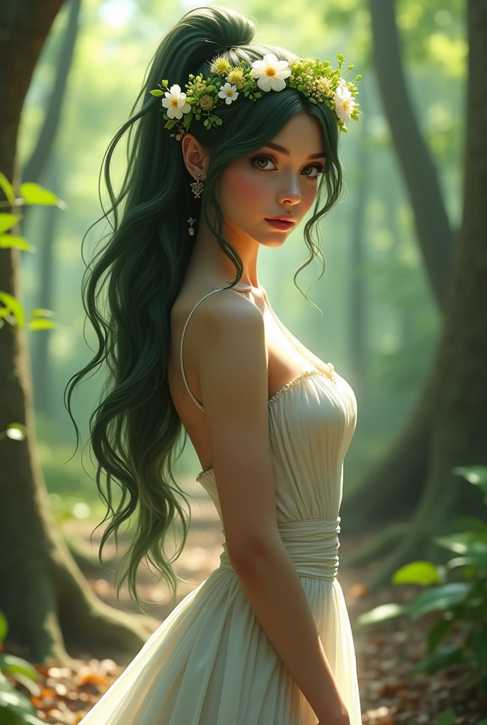 Detailed portrait of a beautiful young female tree spirit in the forest. Long flowing dark green hair in a high ponytail, long tight white dress, delicate facial features, beautifully detailed eyes and lips, very ample breasts, six pack, navel, detailed thighs, sensual smile, arms crossed to hold large breasts centered, sensual pose, intricate flower crown, sunlight filtering through the trees, lush green foliage, cinematic lighting, elegant dreamy pastel color palette, (Highest Quality, 4k, 8k, High Resolution, Masterpiece: 1.2), Ultra Detailed, (Realistic, Photorealistic, Photorealistic: 1.37)