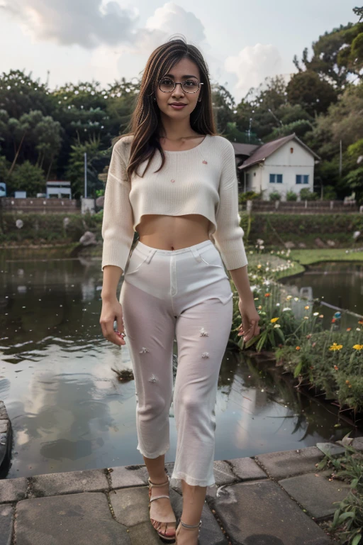 Young sweet beautiful Bogor city girl standing cheerful on wide rice field near Bogor, descent mixed from sundanese and javanese and Arabic, little breasts, straight very short thin hairs with a bangs, very very slim body, have big greek nose, tirus slim face, thin long beautiful legs, wide forehead, big eyes, little sexy mouth, heavy down lip, thin uper lip, charm and cute girl, her name is Dewi, very sweet and harmful smile, in the sunny fresh sunset, georgeus sweet face, slim body, 19 years old, student of agriculture university, wearing 80's style big size white long sleeve long sweater, wearing not sexy white thin transparent trousers in late 80' years era mode and style, wearing wedges shoes, very realistic, very natural, very realistic, all body from head to toes view, wind blowing so strong and blowing everything, straight bob style slim hairs with a bangs blown by the very strong wind, salak mountain as background, beautiful sunset and beautiful girl, sweet romantic moment that can't forget, wearing glasses, she is very in love to me,
