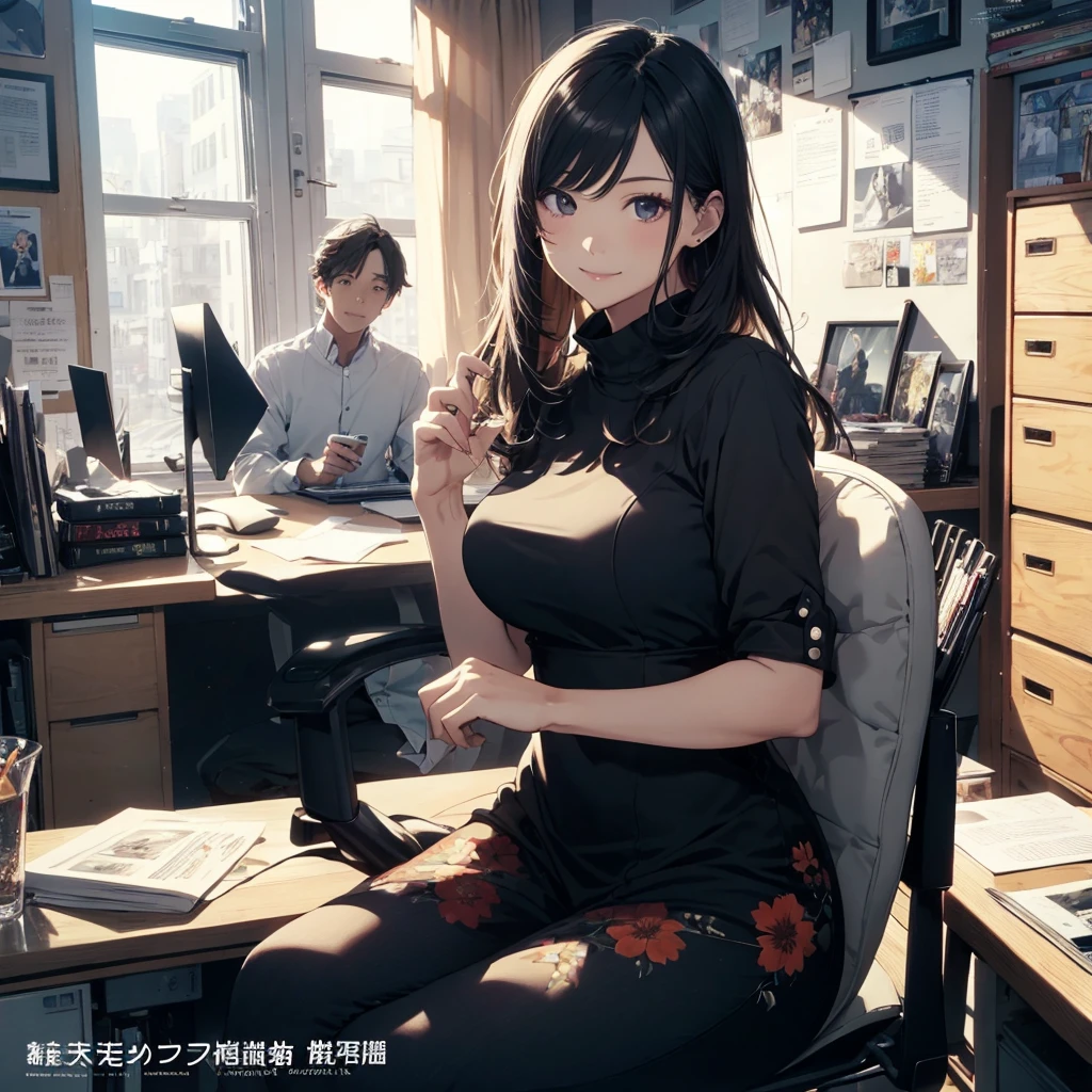 (Best Quality, Masterpiece), office lady Magazine Cover, 1girl,Magazine Cover, 1girl, amazing 30 years old wife, stunning, cute, warm smile, hourglass figure, floral dress, office desk, office chair,Lulubre Unity 8K Wallpaper, Beautiful background, clearly, Best Quality, The highest resolution, Best aesthetic,extremely detailed CG unity 8k,azine Cover,text, chart, advertising, magazine title Happy Birthday。