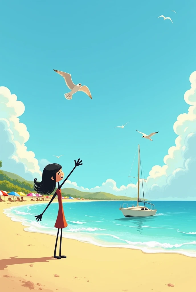 I need a stickman style girl who saw a small white boat on the beach