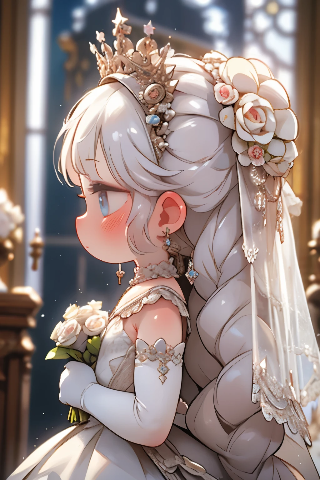 (masterpiece, Highest quality:1.2), One , Earrings，Veil，jewelry，alone，wedding dress，flower束，dress，bridal Veil，flower，elbow gloves，white dress，gloves，flower嫁，Upper Body，From the side，profile，white gloves，Rose，Mid-chest，Mouth closed，hoop Earrings，white flower，holding flower束，