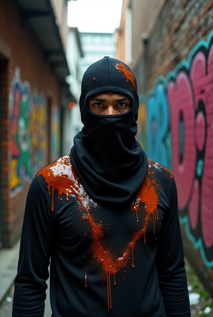 A man wearing a Balaclava smeared with rendang