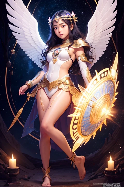 A young 15- yr old native asian girl with lovely charminvg face,( skin texture masterpiece), (perfect full body detailed anatomy), (Super accessories detailed), (meditating ), (perfect detailed glowing bright eyes),(short wavy illuminating sapphire hair),Wearing transparent costume of an angel,holding a treasure septer & shield, illuminating different lights covers the sorrounding atmosphere Has beautiful large white wings, The character solemnly praying