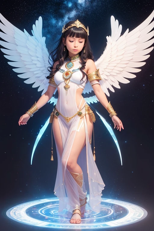 A young 15- yr old native asian girl with lovely charminvg face,( skin texture masterpiece), (perfect full body detailed anatomy), (Super accessories detailed), (meditating ), (perfect detailed glowing bright eyes),(short wavy illuminating sapphire hair),Wearing transparent costume of an angel,holding a treasure septer & shield, illuminating different lights covers the sorrounding atmosphere Has beautiful large white wings, The character solemnly praying