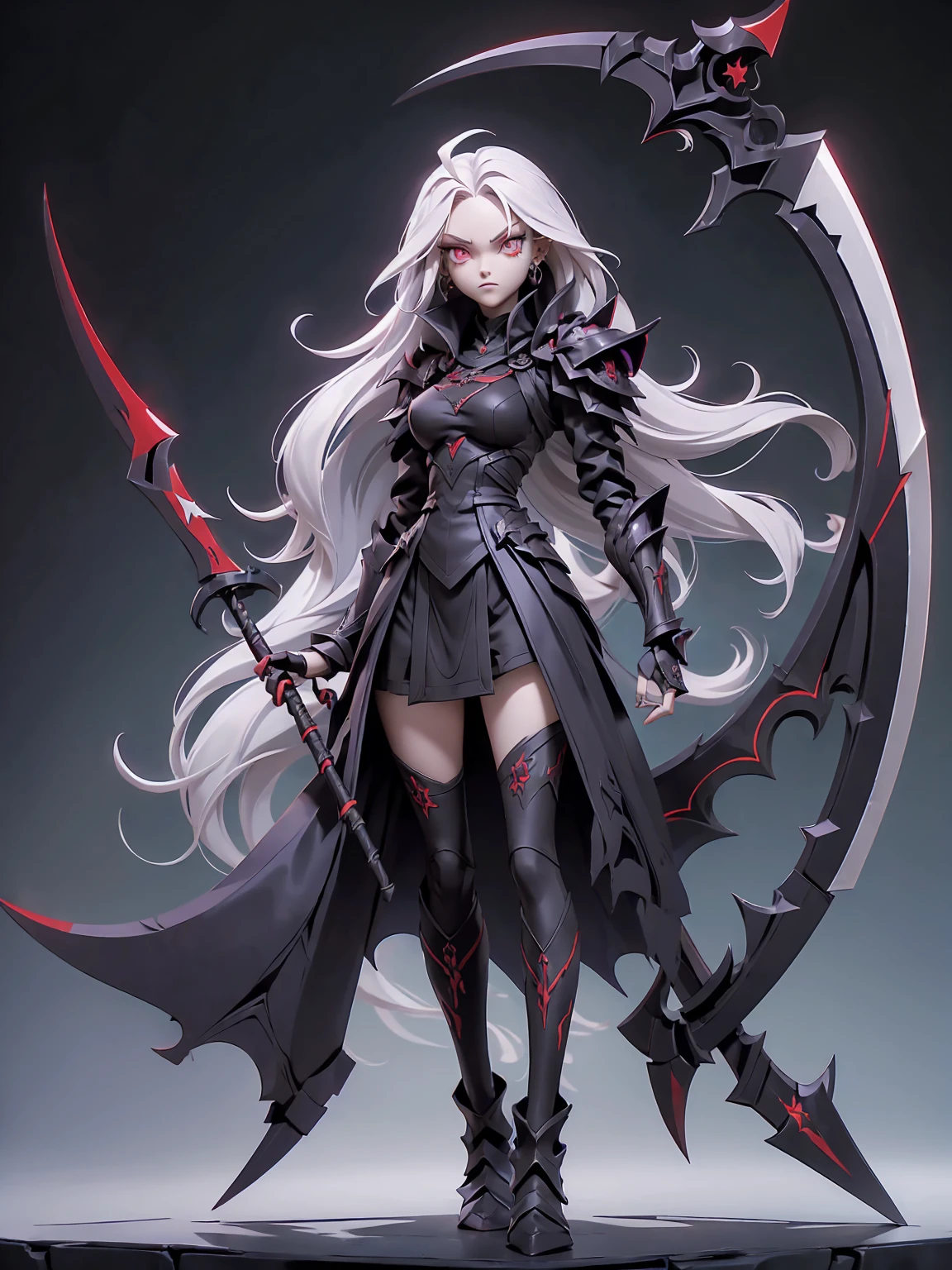 (((Masterpiece, best quality, 16k))) female character with long white hair and piercing red eyes. She wears a demonic armor in purple, black, and white. wields a large, stylized scythe. The character has a menacing expression, with a chaotic environment as the background. ((full body front view)). ((slender)), (extremely detailed:1.5), (long white hair:1.2), (piercing red eyes:1.2), (chaotic environment:1.1), (demonic armor:1.3), (stylized scythe:1.3).