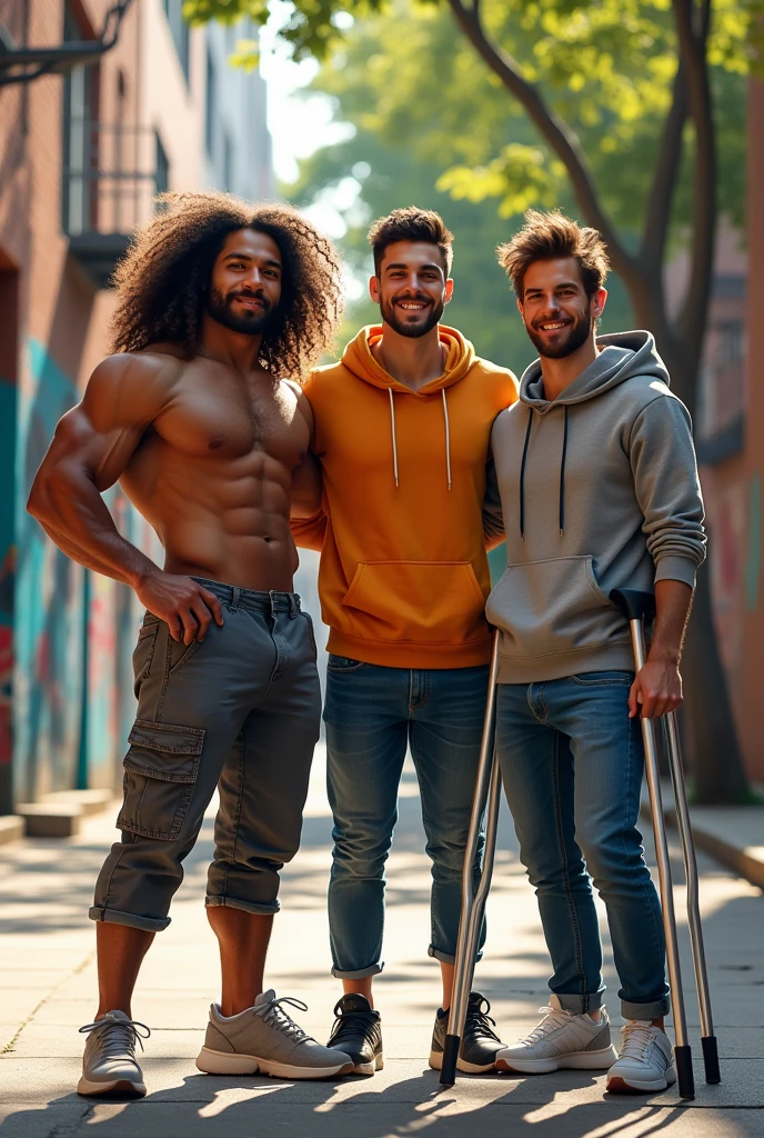 creates three young men, one of them muscular and with long curly hair, another young man with a big nose and tall, and a skinny young man with crutches.