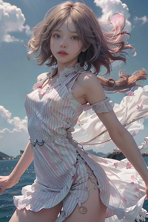 (solo:1.8), (elegant: 1.2), gorgeous, long hair, wind, (elegant: 1.3), (petals: 1.4), ((masterpiece))), ((best quality)), (ultra-detailed), (illustration), (dynamic angle), ((floating), (paint), ((loose hair)), (solo), (1girl), ( ( ( (detailed anima face)))), ((beautiful detailed face)), collar, bare shoulders, pink silver hair,((striped hair)), beautiful detailed eyes, ((Gradient eyes), (colored eyes))), (white cloud background))), (high saturation))), ((surrounded by colorful splashes)),Beautiful nipples,Hobo Flat Chest,Leaner figure,A young, beautiful girl with a beautiful nose,Small waist,Very small ass,Very slim legs,((see through cotton dress)),((see through lace dress)),((Beautiful nipples)),(Eyes that are too beautiful),(A beautiful girl of unparalleled beauty),