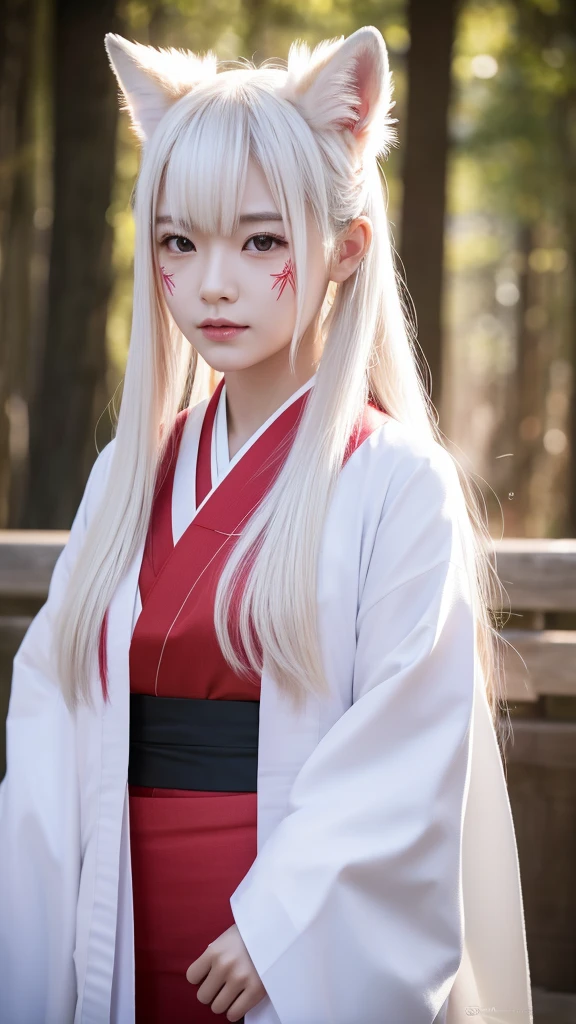 White Demon Fox、Nine-tailed Fox、Japanese women、kimono、Fair skin、Red lines on face、8K、I have long hair、night、front face