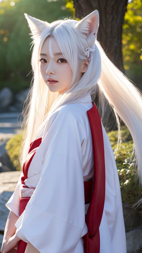 White Demon Fox、Nine-tailed Fox、Japanese women、kimono、Fair skin、Red lines on face、8K、I have long hair