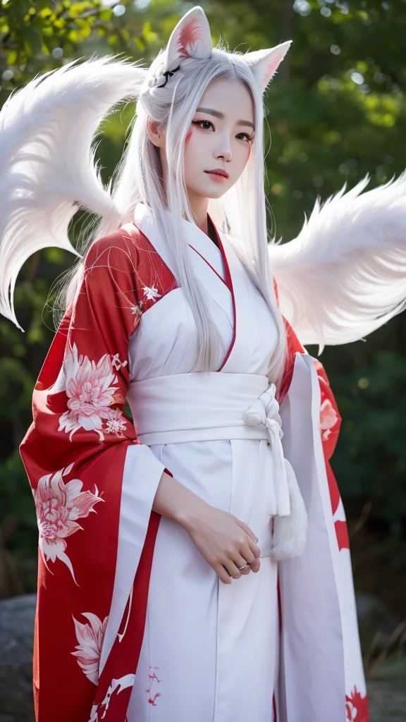 White Demon Fox、Nine-tailed Fox、Japanese women、kimono、Fair skin、Red lines on face、8K、I have long hair
