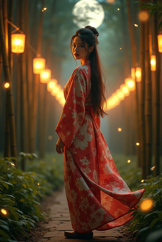 detailed detailed beautiful young woman wearing summer kimono, long brown hair, detailed face, big bright eyes, long eyelashes, detailed nose and lips, slight smile, standing in moonlit bamboo forest, fireflies glowing in the air, summer festival lights in the background, clogs on her feet, (best quality,4k,8k,highres,masterpiece:1.2),ultra-detailed,(realistic,photorealistic,photo-realistic:1.37),detailed intricate pattern on kimono, warm lighting, vibrant colors, cinematic composition,full up hair style