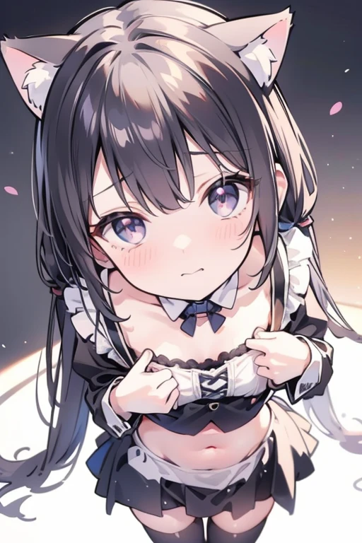 (high quality, 8k, 4K, High Contrast, masterpiece:1.2, 最high quality, Best aesthetics), 1 person, (Realistic skin texture:1.3), (Film Grain:1.3), (Top view、Selfie angle),(The cleavage is showing.)、Loose chest、A cup breasts、Small breasts、Small breasts、Beautiful and detailed eyes and face、Black maid outfit、Changing clothes、classroom、Sweating、Black Hair、Short Twin Tails、Embarrassed face、Blushing、Looking up、Knee socks、Cat ear、stomach、Covering nipples with hands