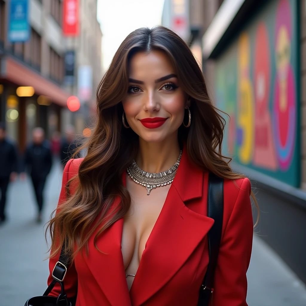  create a 30-year-old woman with long brown hair and red lipstick, a digital influencer, facing the camera, 